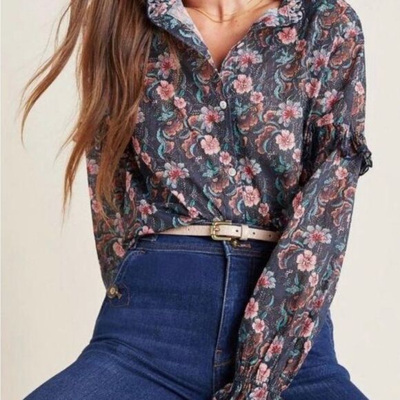 Louise Misha floral Button Front Long Sleeve Ruffle blouse - Picture 10 of 15